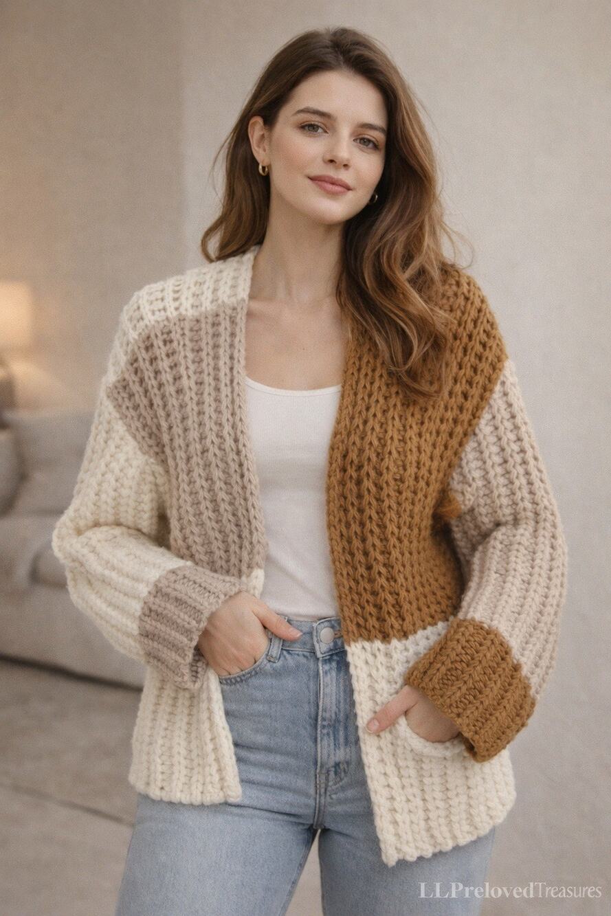 Wild Fable Chunky Knit Colorblock Cardigan Cream Tan Brown Cozy Oversized